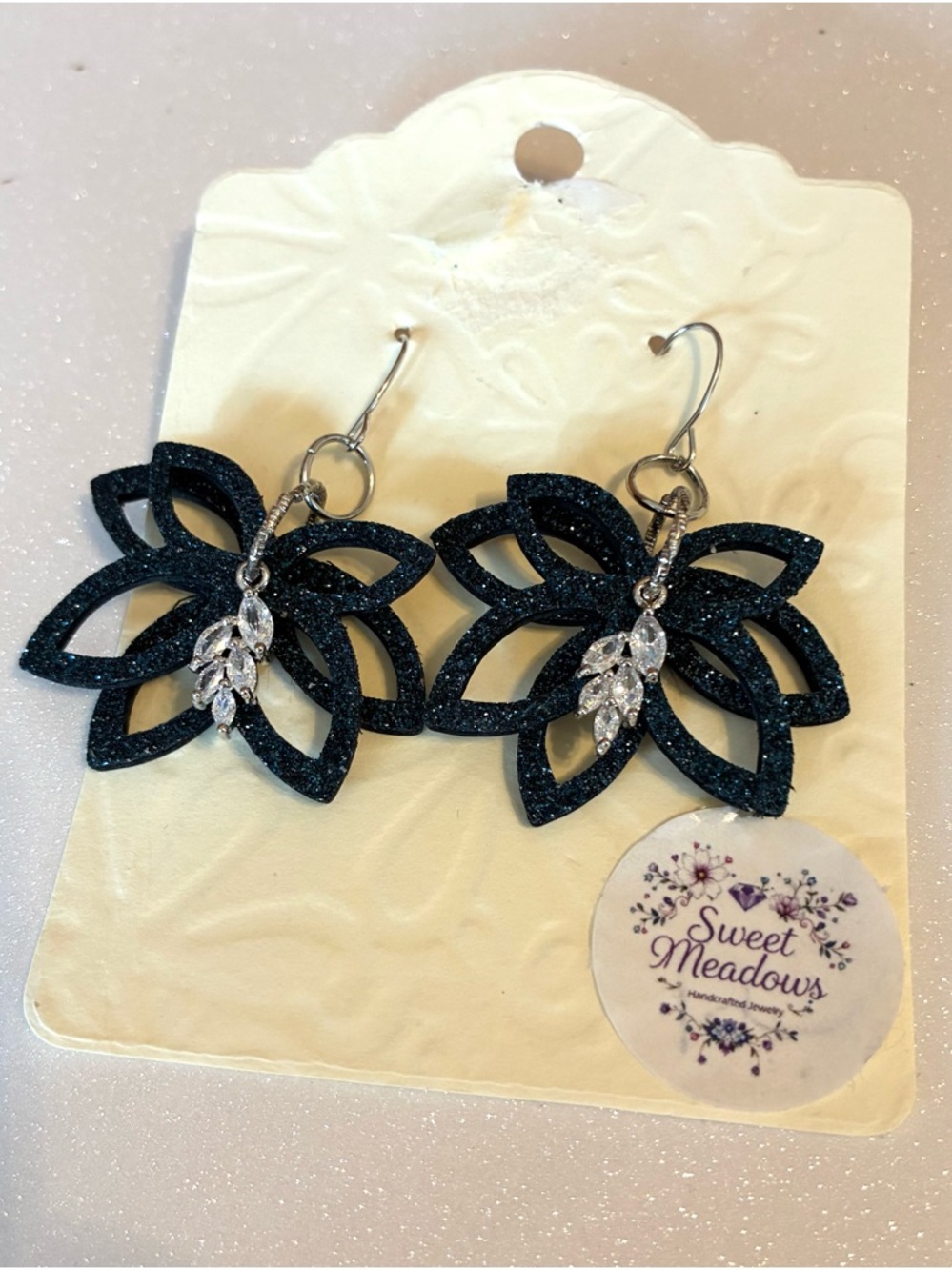 Navy Glitter Floral Drop Earrings